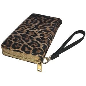 Untamed Luxe Leopard Print Wristlet Wallet Gold Tone Hardware Zip Around Brown